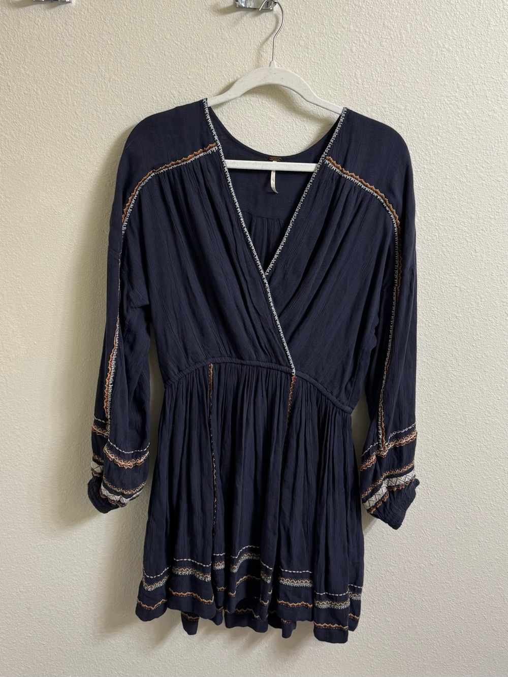 Free People Navy Blue Embroidered Boho Mini Dress Size Small